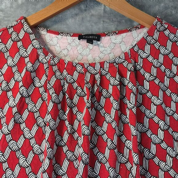 Talbots Women Geometric Print Blouse XS Red Short Sleeve Rayon Career Classic - Picture 6 of 8